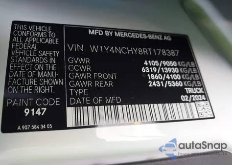 2024 Mercedes-Benz Sprinter 2500 High Roof 4-Cyl Diesel Ho from USA, damaged, VIN W1Y4NCHY8RT178387